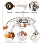 Folding gas camping stove with labeled parts on a white background - offered by the best hiking and camping gear company in Albany, NY.