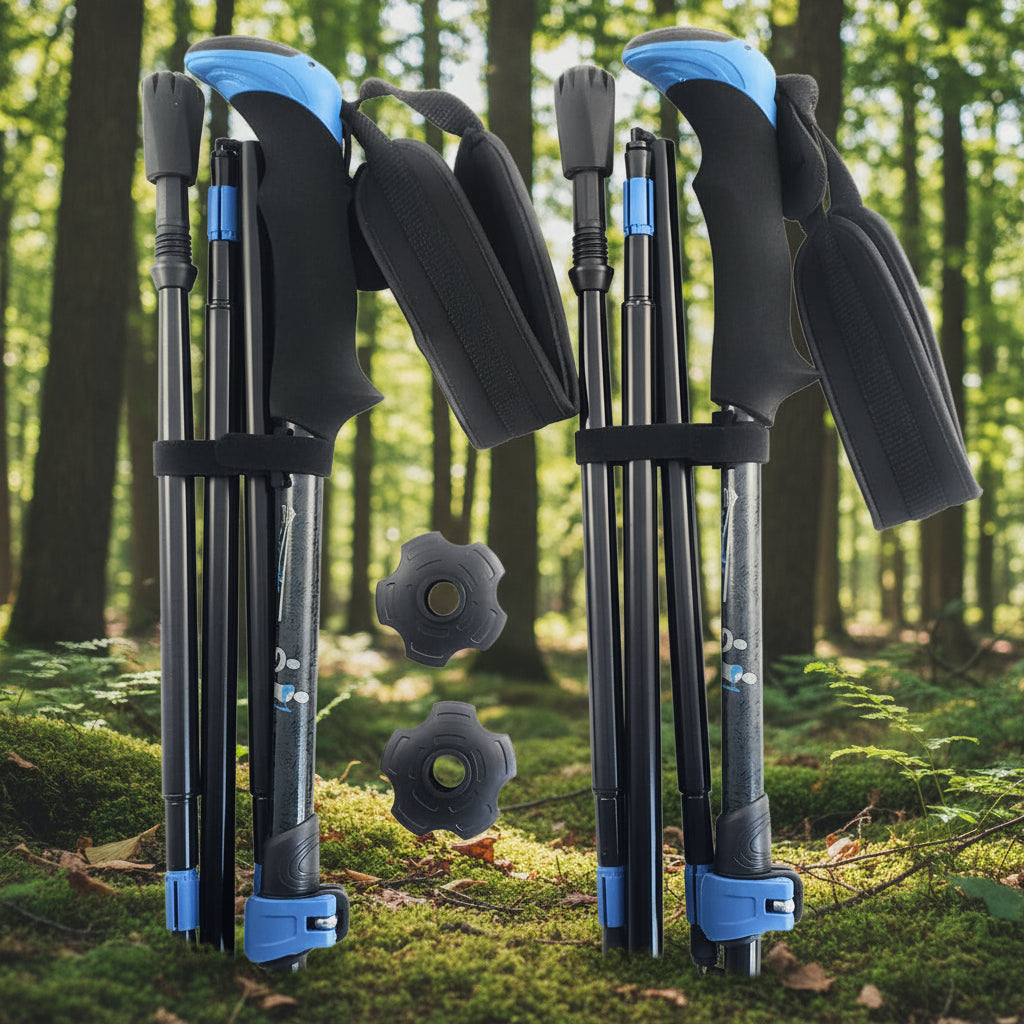 Folding black and blue hiking poles made in the USA on a white background, offered by the best hiking gear store in New York, The Adirondack Tool Co.