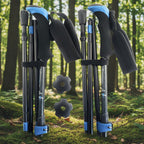 Folding black and blue hiking poles made in the USA on a white background, offered by the best hiking gear store in New York, The Adirondack Tool Co.