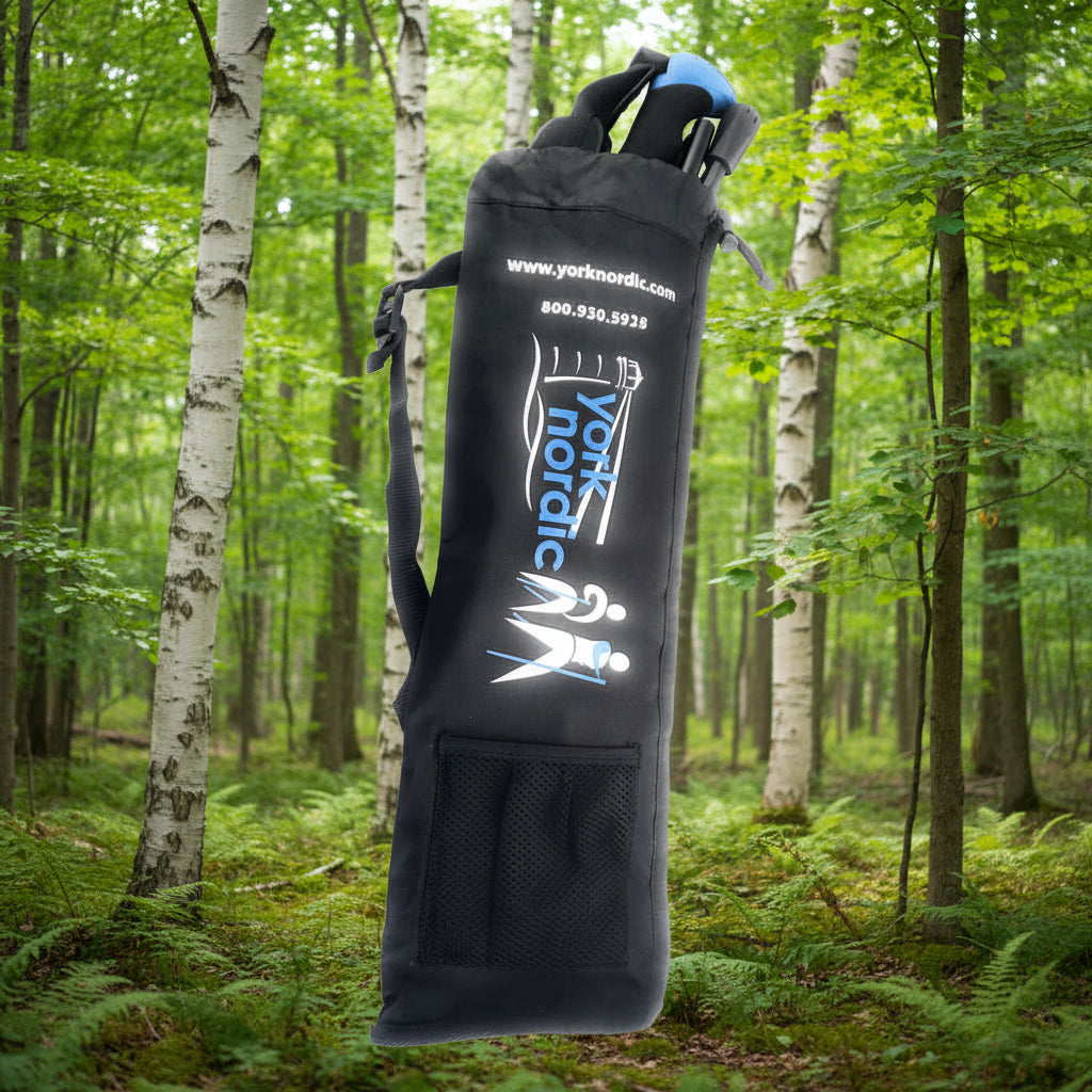 Black carrying bag for folding hiking poles with York Nordic logo on a white background - offered by the best hiking gear store in New York, The Adirondack Tool Co.