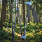 One folding black and blue hiking pole made in the USA on a white background, offered by the best hiking gear store in New York, The Adirondack Tool Co.