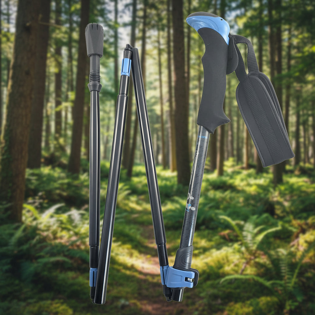 One folding black and blue hiking pole made in the USA on a white background, offered by the best hiking gear store in New York, The Adirondack Tool Co.