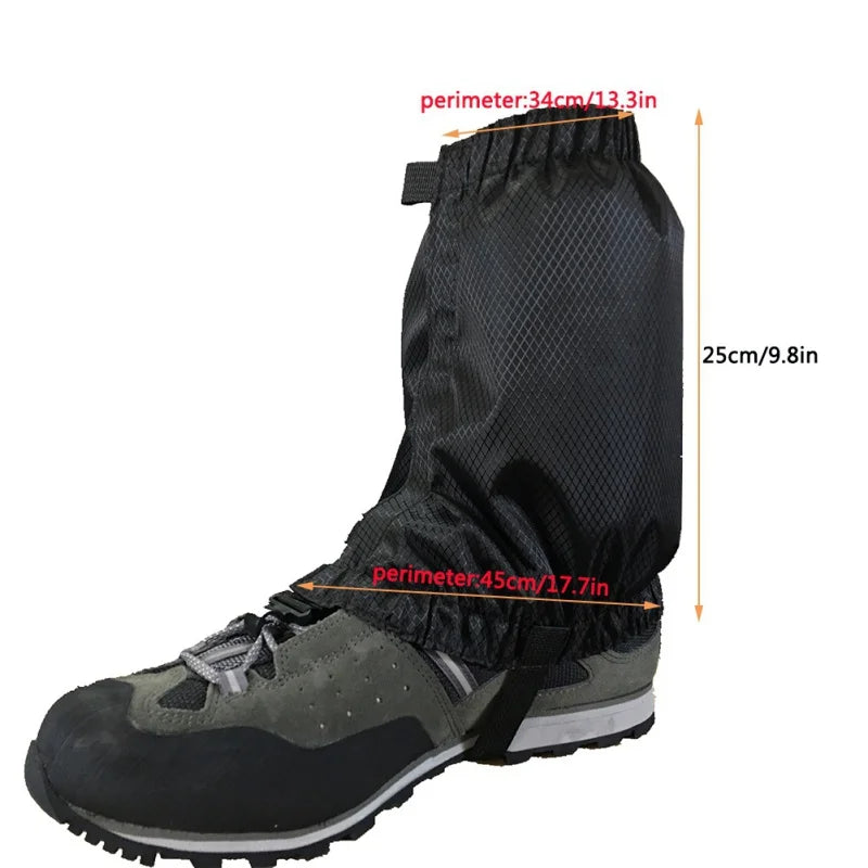 Black hiking gaiter on a shoe with measurements indicated - offered by the Northeast's best camping and hiking gear provider, The Adirondack Tool Co.
