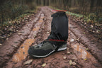 Black hiking gaiter on a shoe with measurements indicated - offered by the Northeast's best camping and hiking gear provider, The Adirondack Tool Co.