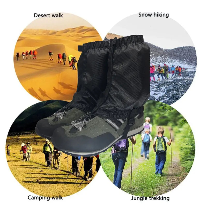 Black hiking gaiters with images of desert, snow, camping, and jungle hikes around them. Offered by the Northeast's best camping and hiking gear provider, The Adirondack Tool Co.