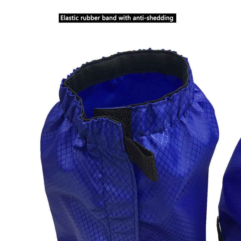 Blue gaiters with an elastic rubber band and anti-slip feature on a white background - offered by the Northeast's best camping and hiking gear provider, The Adirondack Tool Co.