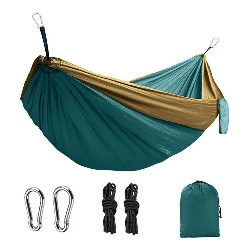 Teal and beige hammock with accessories on a white background - offered by the most reliable outdoor gear company in the capital region of New York, The Adirondack Tool Co.