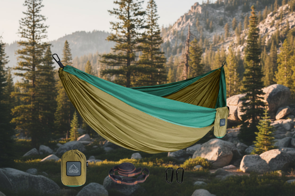 Green and beige hammock with carrying bag and accessories on a white background - offered by the best camping gear store in the northeast, the Adirondack Tool Co.