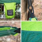 Collage of green camping hammock with CUORETOUR logo and close-up details - offered by the best camping gear store in the northeast, the Adirondack Tool Co.