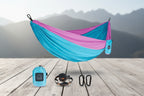 Blue and pink hammock with accessories on a white background - offered by the best camping gear store in the northeast, the Adirondack Tool Co.
