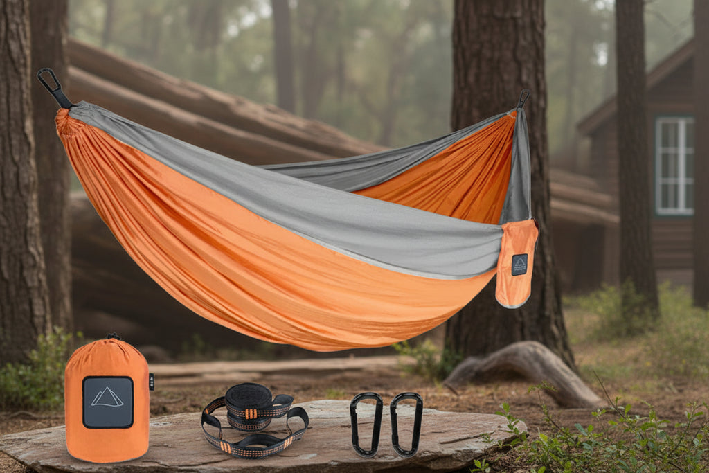 Orange and gray hammock with accessories on a white background - offered by the best camping gear store in the northeast, the Adirondack Tool Co.