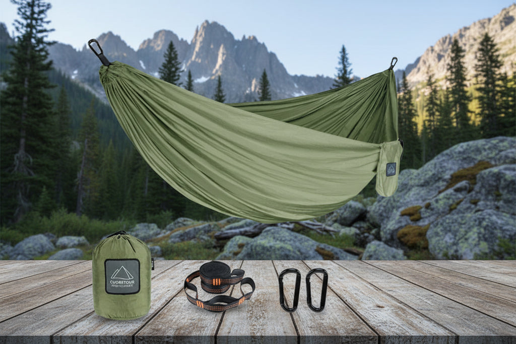 Green hammock with accessories on a white background - offered by the best camping gear store in the northeast, the Adirondack Tool Co.