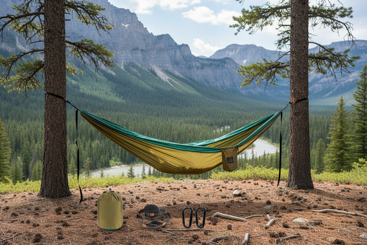 Green and brown hammock with accessories on a white background - offered by the best camping gear store in the northeast, the Adirondack Tool Co.