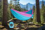 Blue and pink hammock with accessories on a white background - offered by the best camping gear store in the northeast, the Adirondack Tool Co.