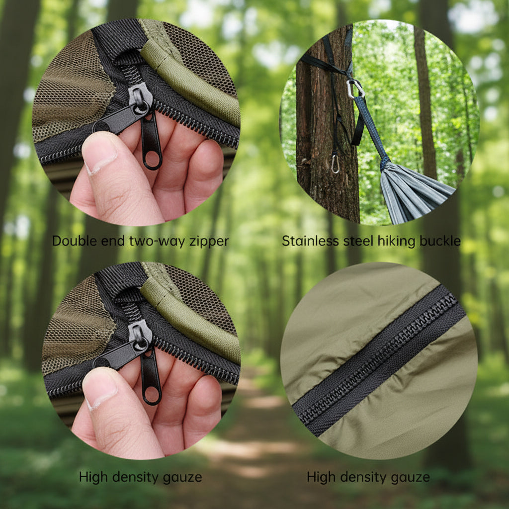 Product features including double-end two-way zipper, stainless steel hiking buckle, high-density gauze, and high-strength straps