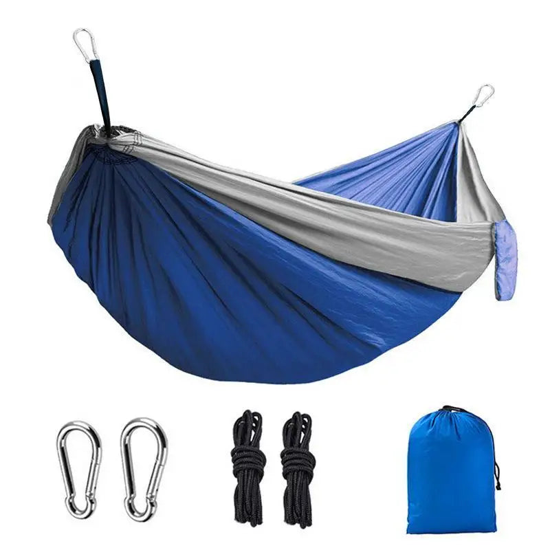 Blue and gray hammock with accessories on a white background - offered by the most reliable outdoor gear company in the capital region of New York, The Adirondack Tool Co.