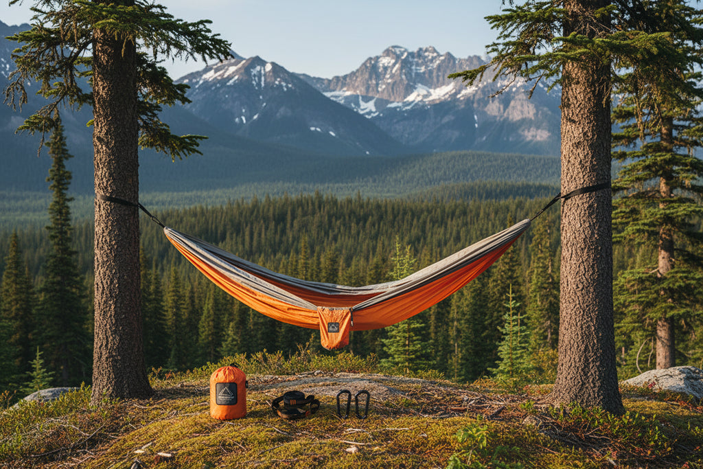 Orange and gray hammock with accessories on a white background - offered by the best camping gear store in the northeast, the Adirondack Tool Co.