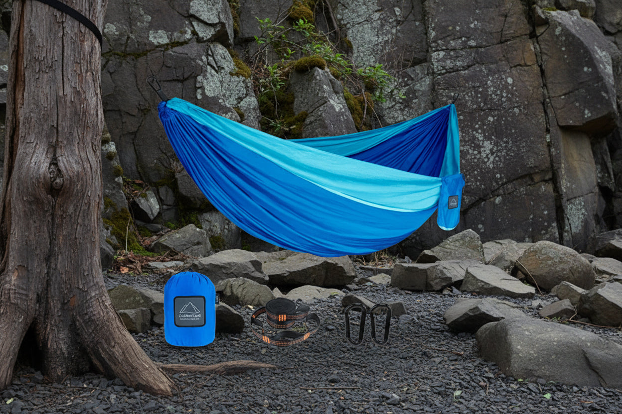 Blue hammock with accessories on a white background - offered by the best hiking gear store in the northeast, the Adirondack Tool Co.