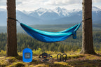 Blue hammock with accessories on a white background - offered by the best hiking gear store in the northeast, the Adirondack Tool Co.