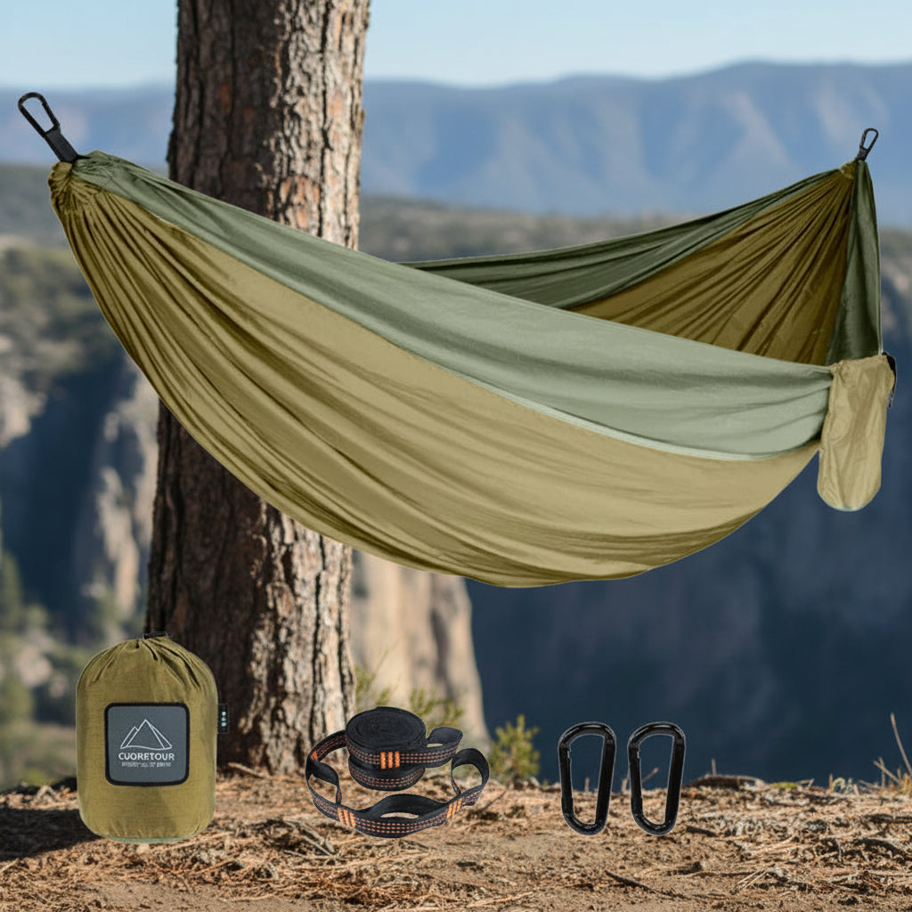Double size hammock with carrying bag, straps, and carabiners on a white background - offered by the best hiking gear store in the northeast, the Adirondack Tool Co.