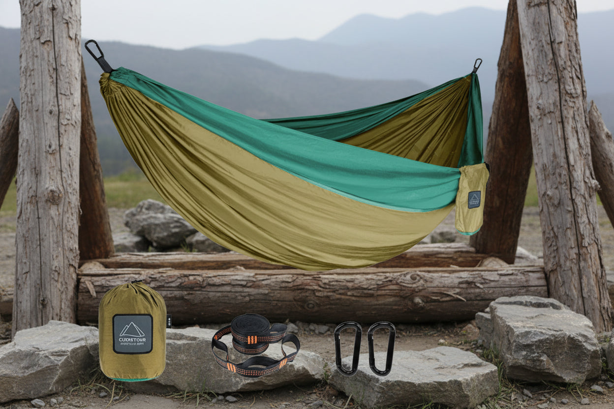 Green and beige hammock with accessories on a white background - offered by the best hiking gear store in the northeast, the Adirondack Tool Co.