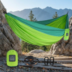 Green and blue hammock with accessories on a white background - offered by the best hiking gear store in the northeast, the Adirondack Tool Co.