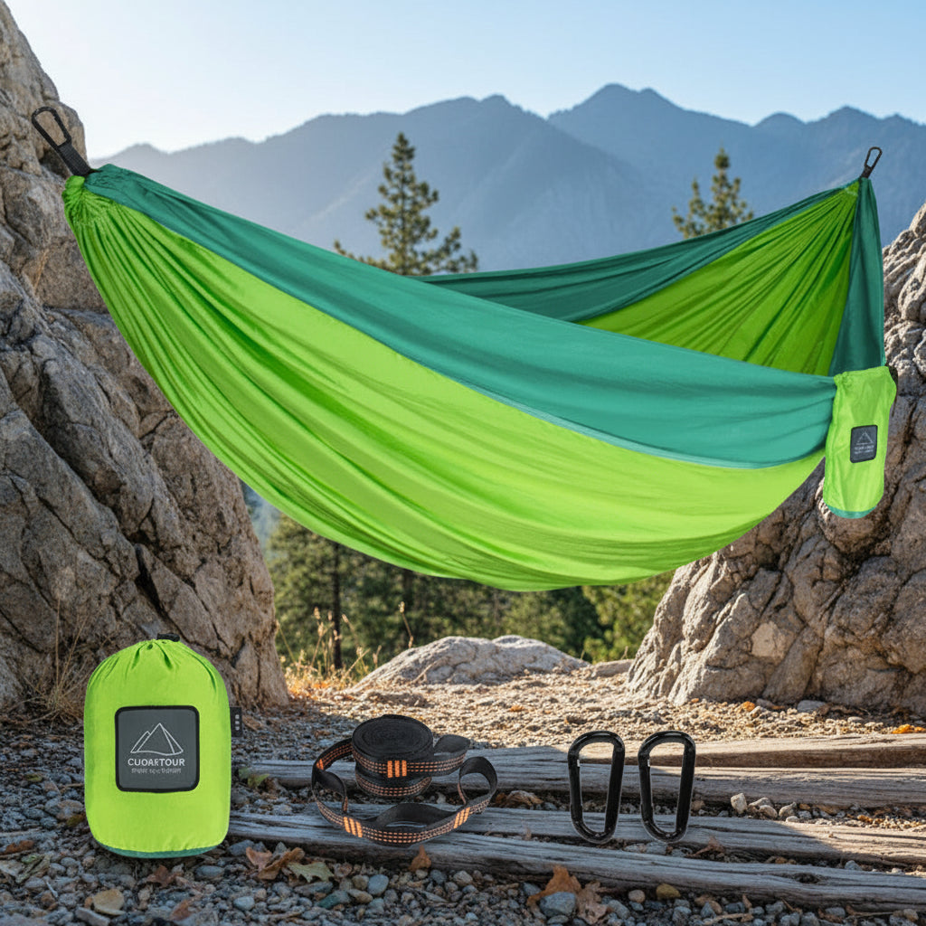 Green and blue hammock with accessories on a white background - offered by the best hiking gear store in the northeast, the Adirondack Tool Co.