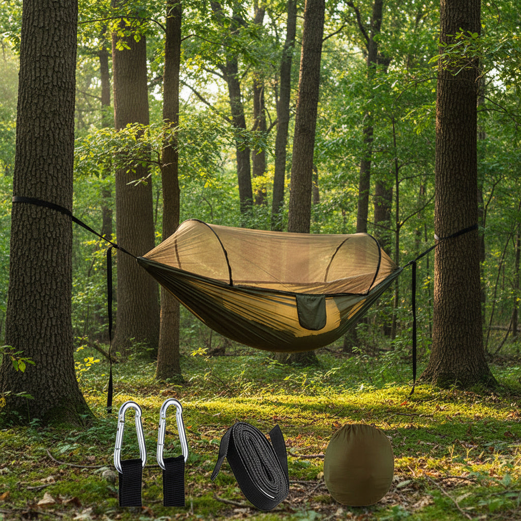 Brown hammock with accessories