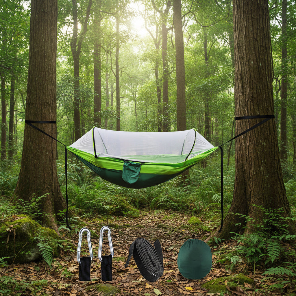 Green camping hammock with accessories