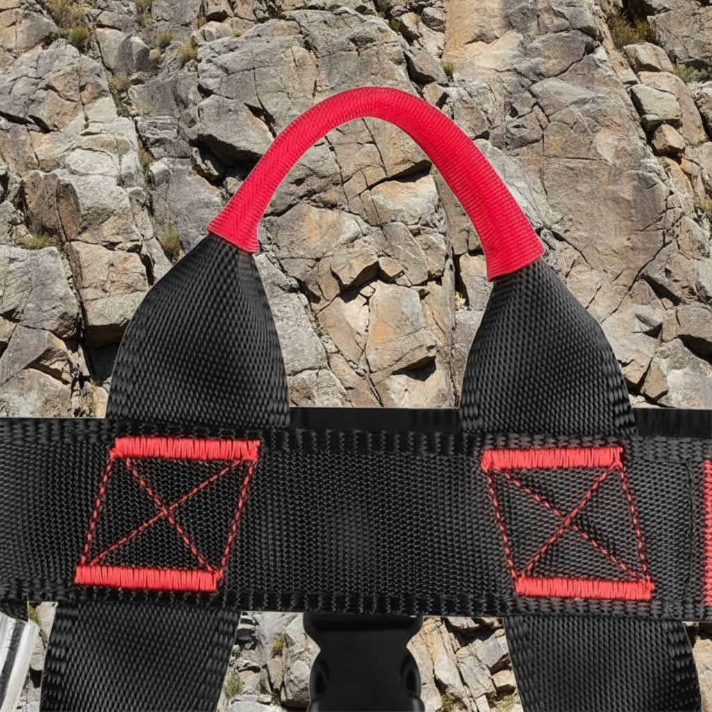 Close-up of a black safety harness with red padding and stitching