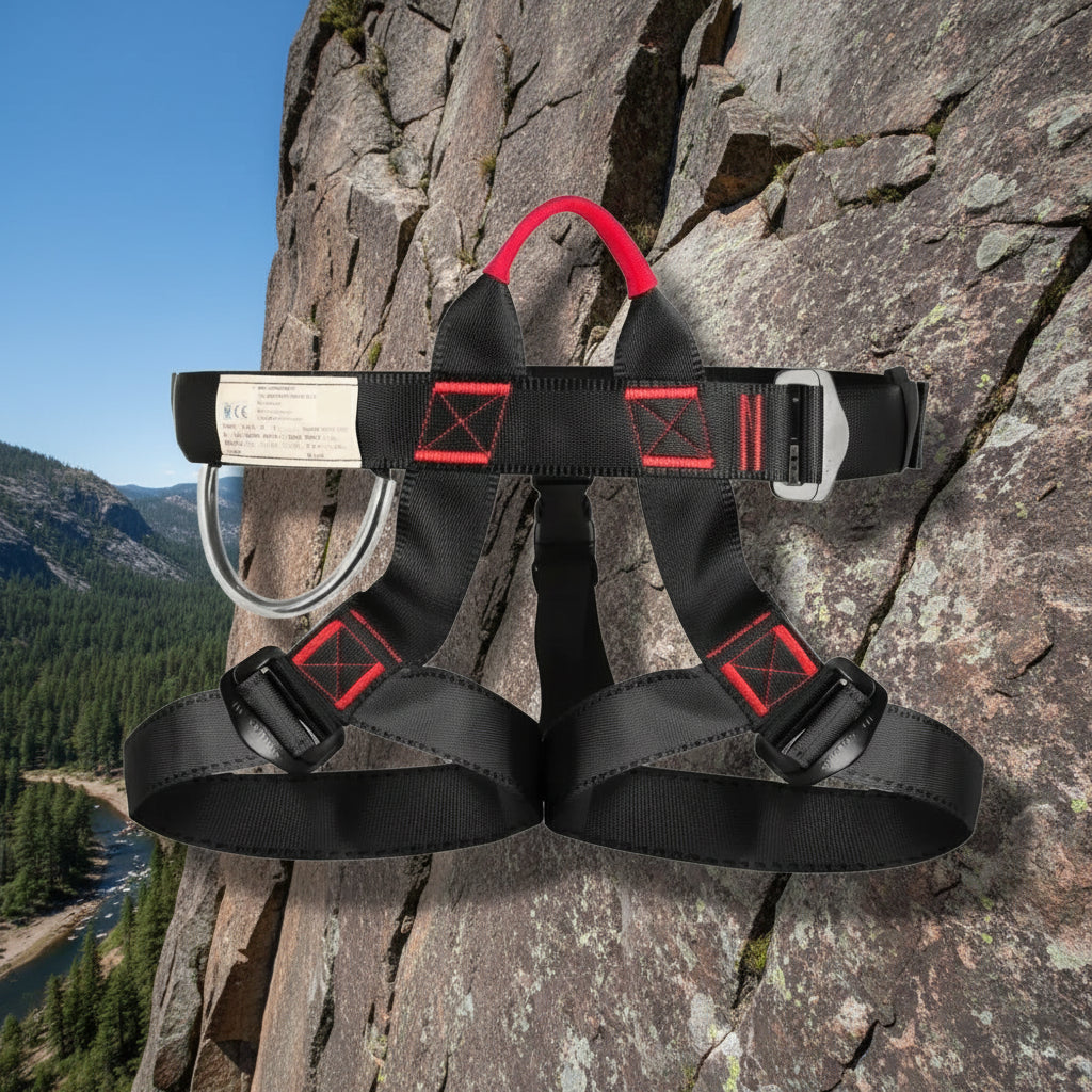 Black safety harness with red accents