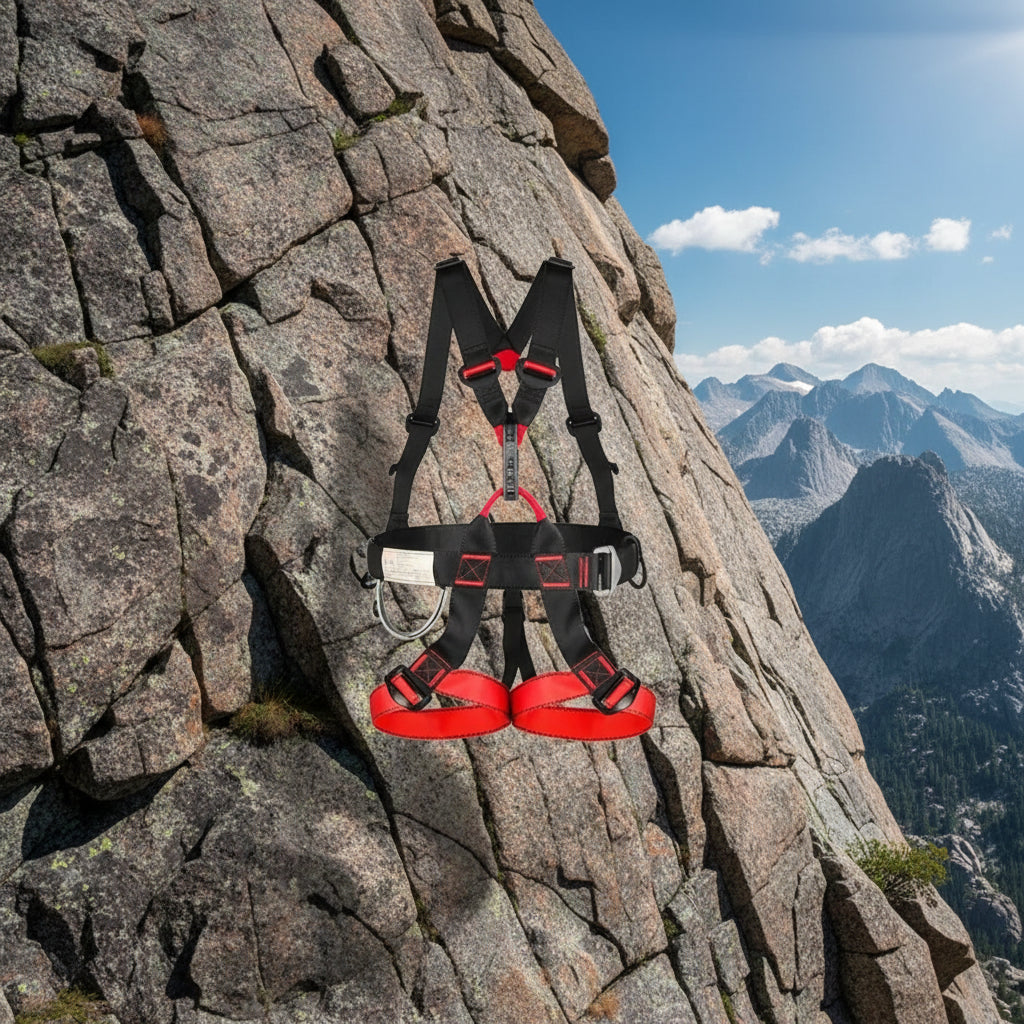 Safety harness with red and black straps