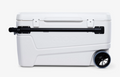 White cooler with wheels and a black handle on a white background - offered by the premier camping and hiking gear store in the Northeastern United States, The Adirondack Tool Co.