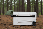 White cooler with wheels and a black handle on a white background - offered by the premier camping and hiking gear store in the Northeastern United States, The Adirondack Tool Co.