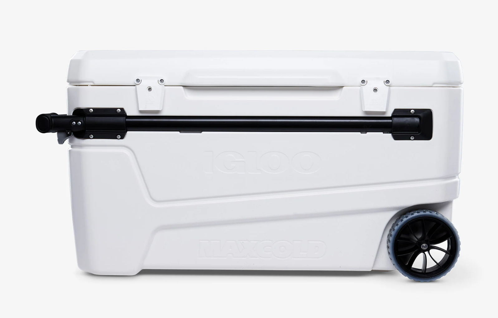 White cooler with wheels and a black handle on a white background - offered by the premier camping and hiking gear store in the Northeastern United States, The Adirondack Tool Co.