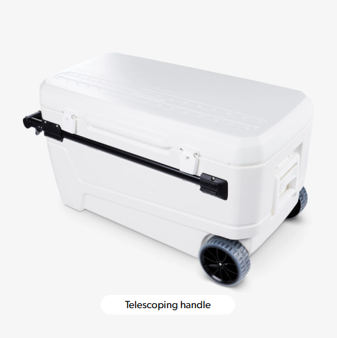 White cooler with a telescoping handle on a white background - offered by the premier camping and hiking gear store in the Northeastern United States, The Adirondack Tool Co.