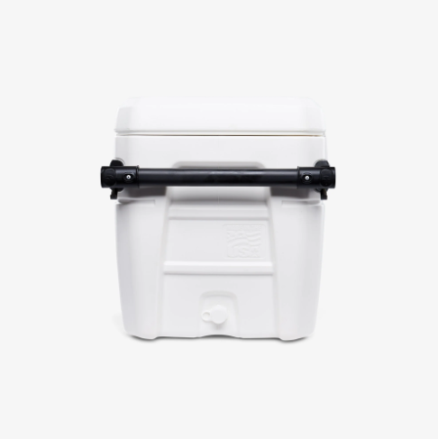 White cooler with a black handle on a white background - offered by the premier camping and hiking gear store in the Northeastern United States, The Adirondack Tool Co.