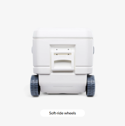 White ice box / cooler with soft-ride wheels on a white background - offered by the premier camping and hiking gear store in the Northeastern United States, The Adirondack Tool Co.