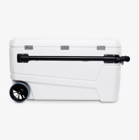 White suitcase with black handle and wheels on a white background - offered by the premier camping and hiking gear store in the Northeastern United States, The Adirondack Tool Co.