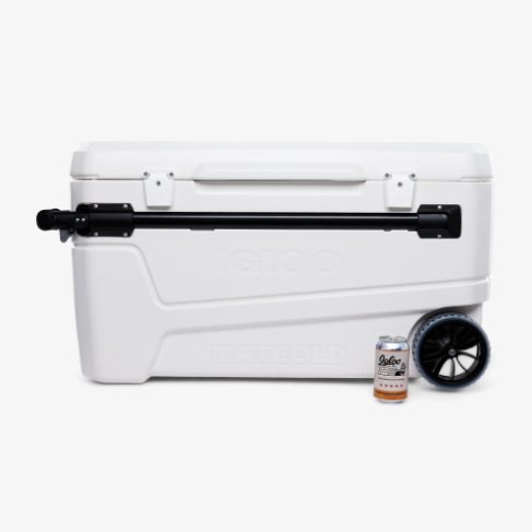 White cooler with wheels and a can of beer on a white background - offered by the premier camping and hiking gear store in the Northeastern United States, The Adirondack Tool Co.