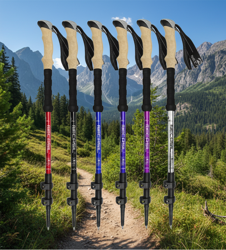Five colored hiking poles with cork grips on an outdoor background - offered by the best hiking store in Massachusetts, The Adirondack Tool Co.
