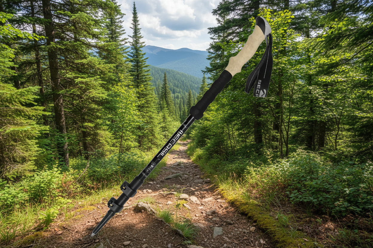 A black hiking pole with a cork grip on an outdoor background - offered by the best hiking store in Massachusetts, The Adirondack Tool Co.