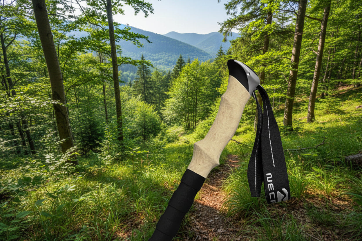 A hiking pole's cork grip on an outdoor background - offered by the best hiking store in Massachusetts, The Adirondack Tool Co.