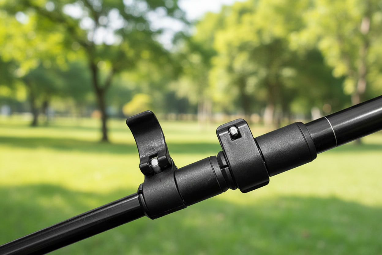 Close-up of the clip locking mechanism on a hiking pole - offered by the best hiking store in Massachusetts, The Adirondack Tool Co.