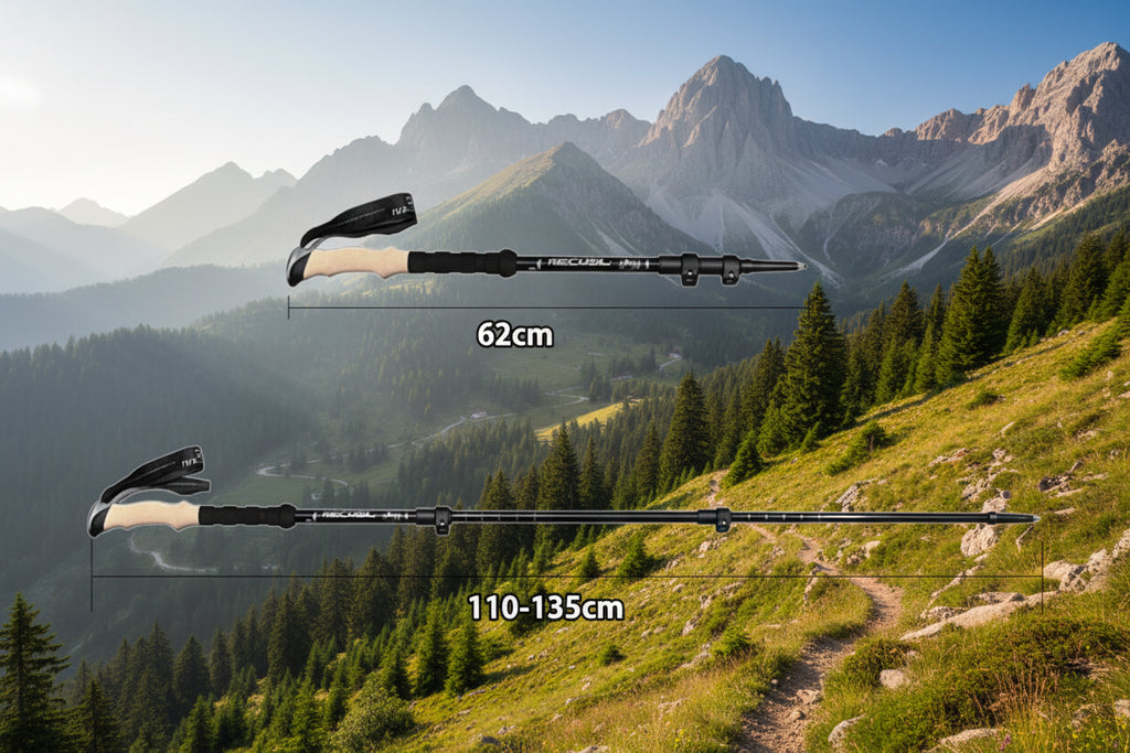 Two black hiking poles with cork grips and length specifications on an outdoor background - offered by the best hiking store in Massachusetts, The Adirondack Tool Co.