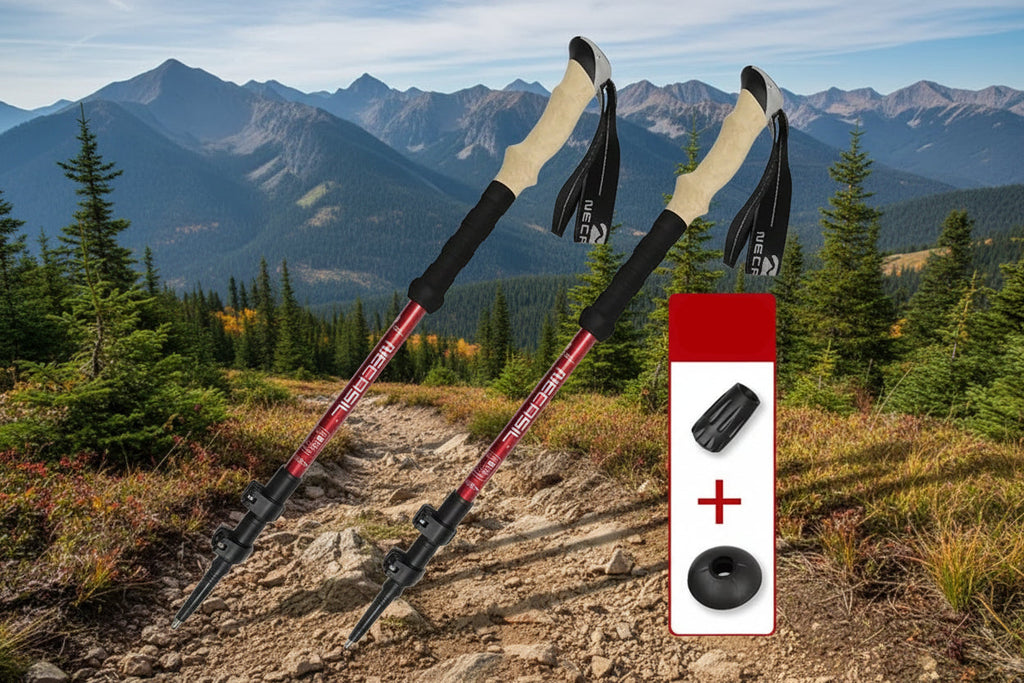 Two red hiking poles with cork grips on an outdoor background - offered by the best hiking store in Massachusetts, The Adirondack Tool Co.
