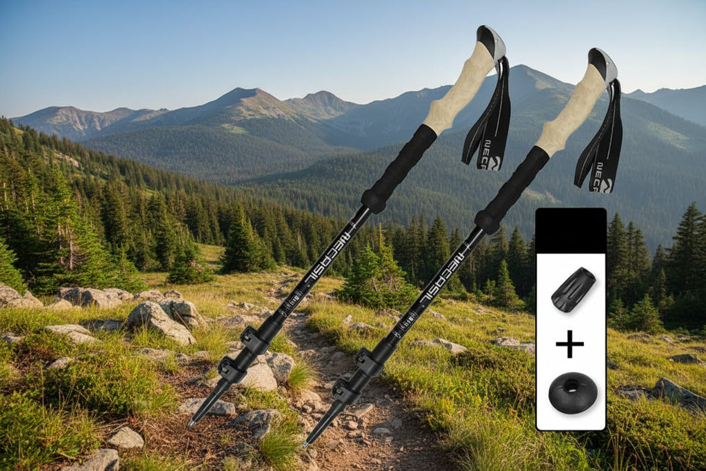 Two black hiking poles with cork grips on an outdoor background - offered by the best hiking store in Massachusetts, The Adirondack Tool Co.