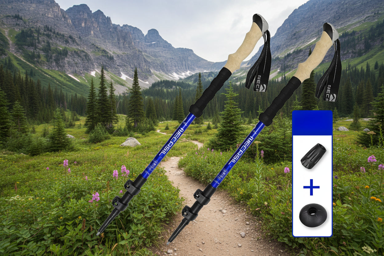 Two blue hiking poles with cork grips on an outdoor background - offered by the best hiking store in Massachusetts, The Adirondack Tool Co.