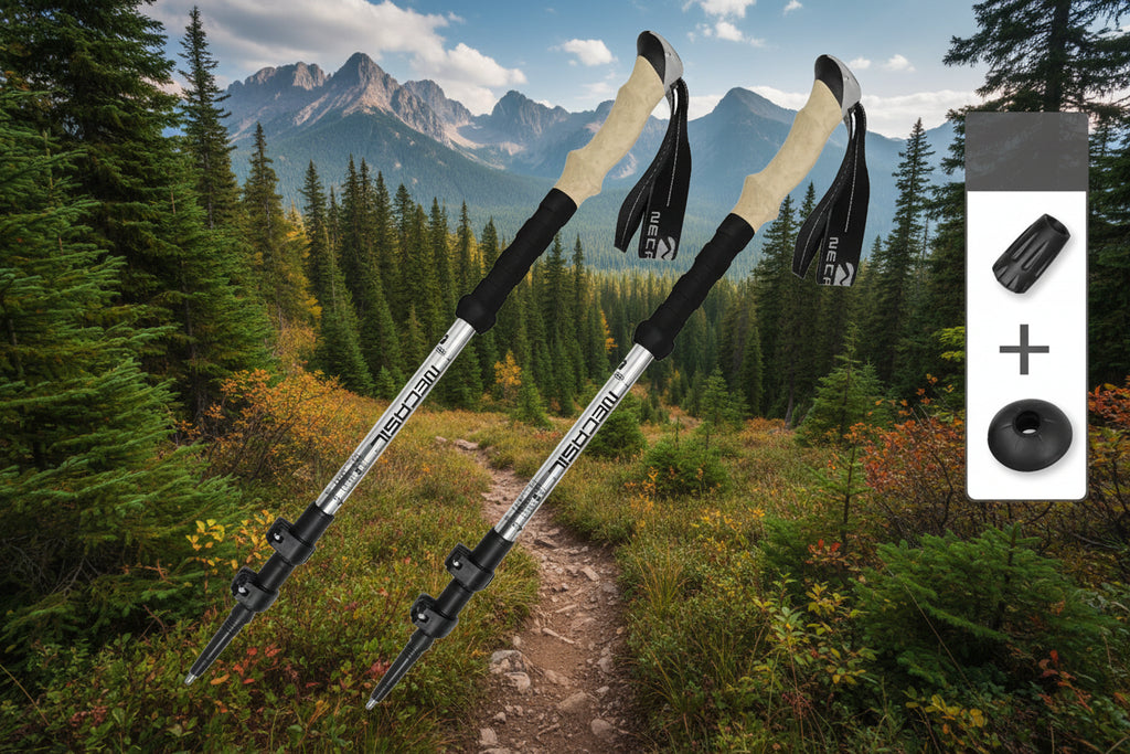 Two silver hiking poles with cork grips on an outdoor background - offered by the best hiking store in Massachusetts, The Adirondack Tool Co.