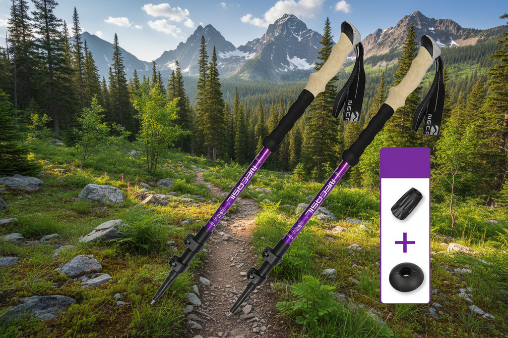 Two purple hiking poles with cork grips on an outdoor background - offered by the best hiking store in Massachusetts, The Adirondack Tool Co.